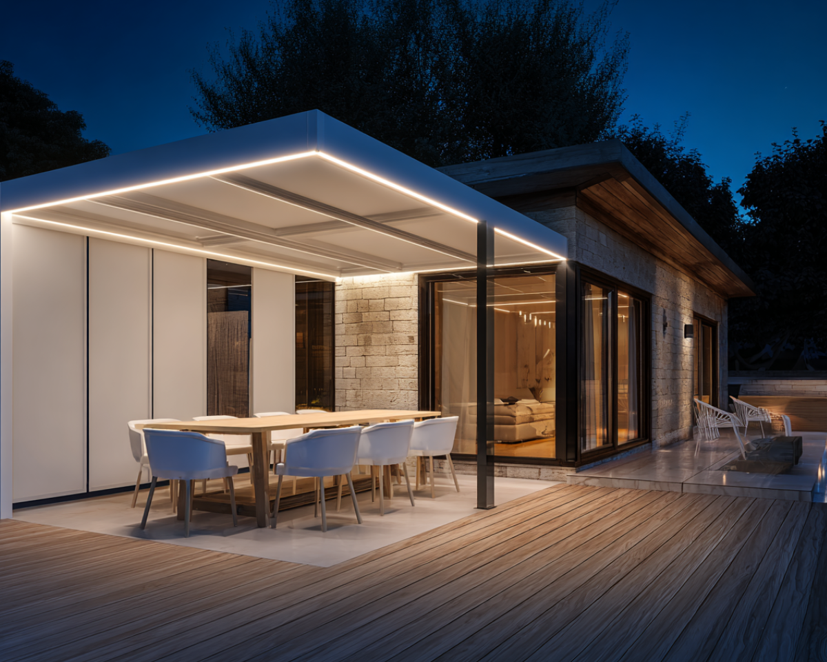 Pergola bioclimatique Ambre de nuit, éclairée pour profiter de la soirée en toute détente