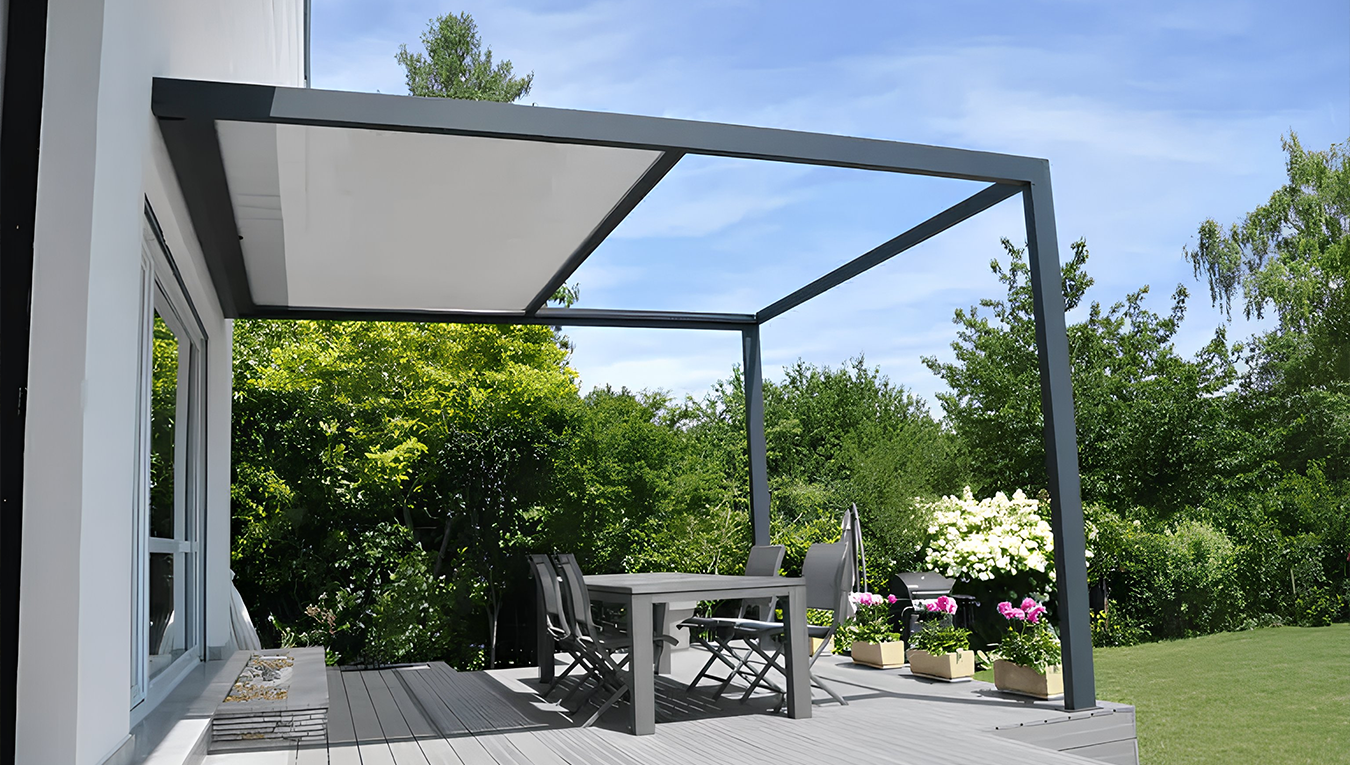 Pergola &agrave; toile COCOOON+, en aluminium robuste, pr&eacute;vue pour r&eacute;sister &agrave; toutes les intemp&eacute;ries