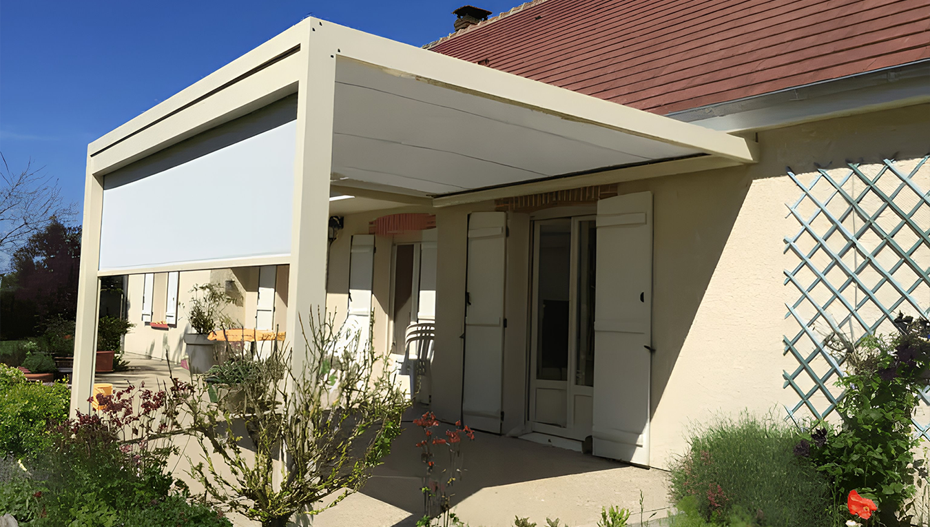 Pergola &agrave; toile COCOOON+, en aluminium robuste, pr&eacute;vue pour r&eacute;sister &agrave; toutes les intemp&eacute;ries