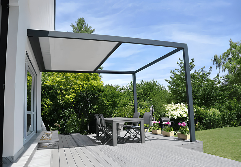 Pergola &agrave; toile COCOOON+, en aluminium robuste, pr&eacute;vue pour r&eacute;sister &agrave; toutes les intemp&eacute;ries
