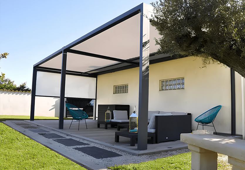 Pergola &agrave; toile COCOOON+, en aluminium robuste, pr&eacute;vue pour r&eacute;sister &agrave; toutes les intemp&eacute;ries