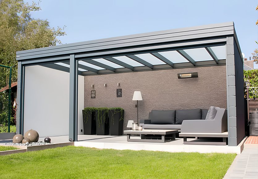 Pergola &agrave; toiture fixe Jade, en aluminium robuste, pr&eacute;vue pour r&eacute;sister &agrave; toutes les intemp&eacute;ries