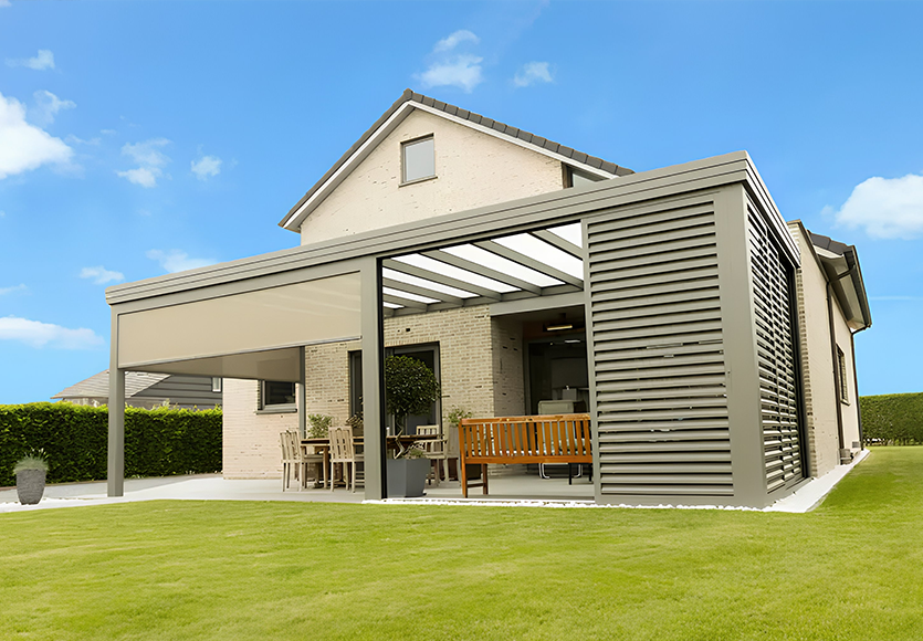 Pergola &agrave; toiture fixe Jade, en aluminium robuste, pr&eacute;vue pour r&eacute;sister &agrave; toutes les intemp&eacute;ries