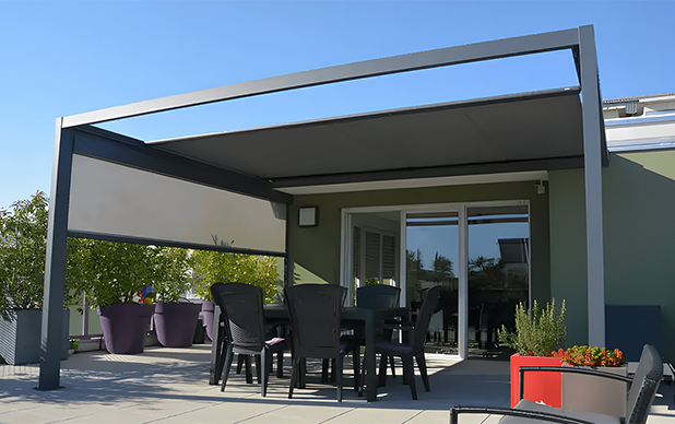 Pergola &agrave; toile COCOOON+, en aluminium robuste, pr&eacute;vue pour r&eacute;sister &agrave; toutes les intemp&eacute;ries