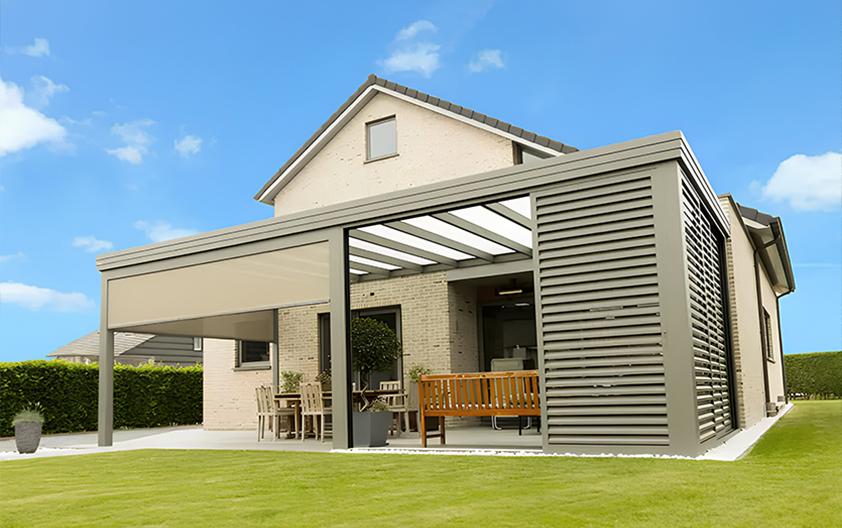 Pergola &agrave; toiture fixe Jade, en aluminium robuste, pr&eacute;vue pour r&eacute;sister &agrave; toutes les intemp&eacute;ries