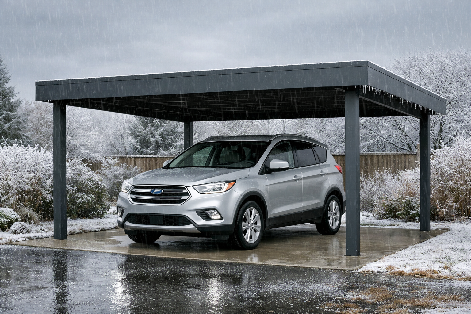 voiture sous un carport en hiver