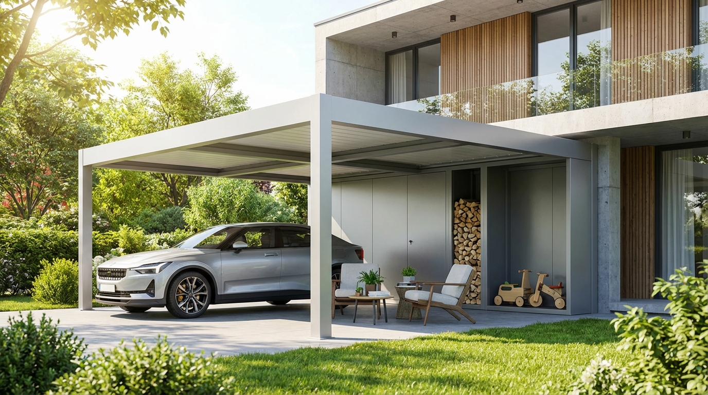 voiture avec carport devant une maison