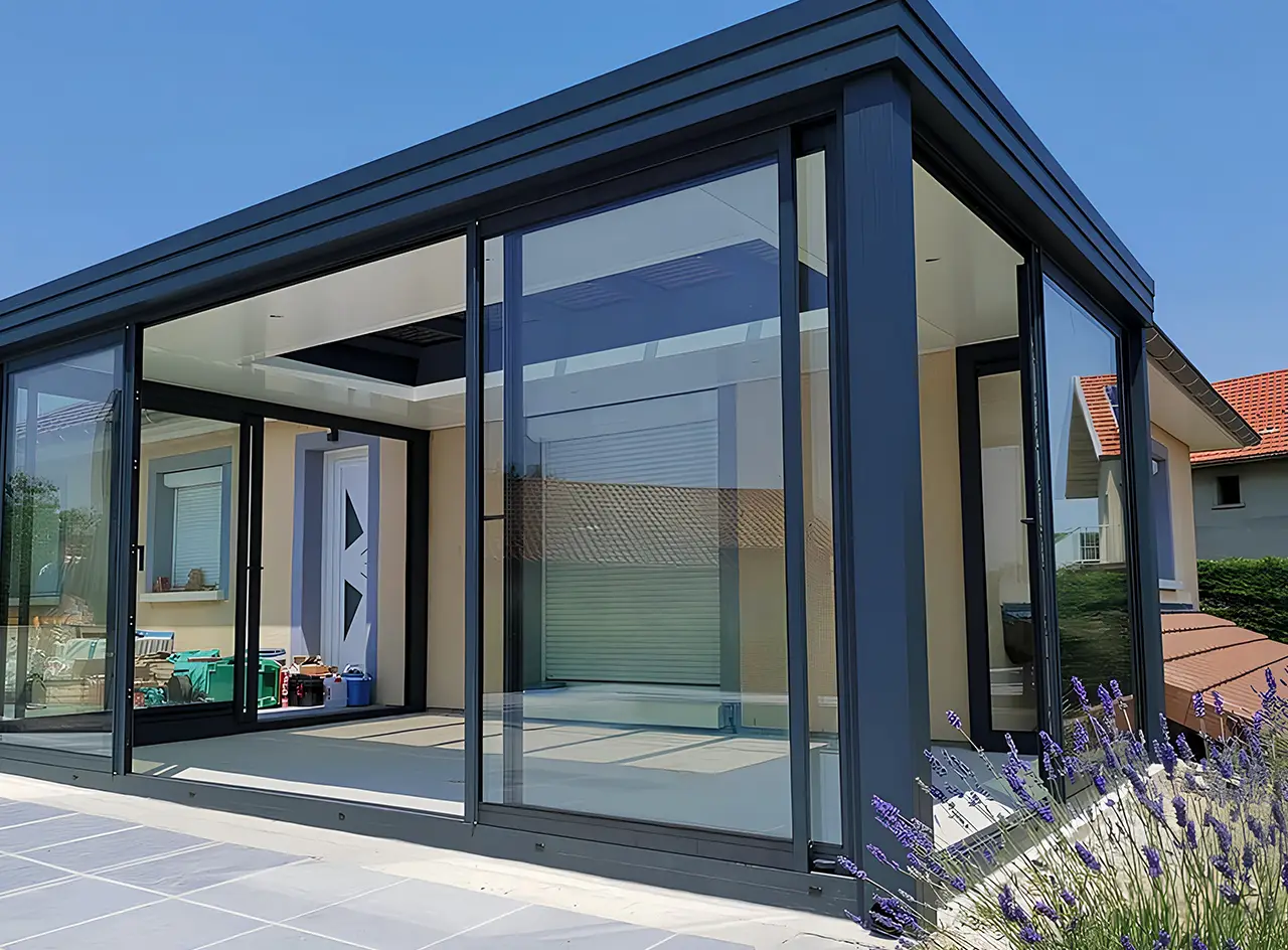 v&eacute;randa Cocooon &agrave; toiture plate moderne et design